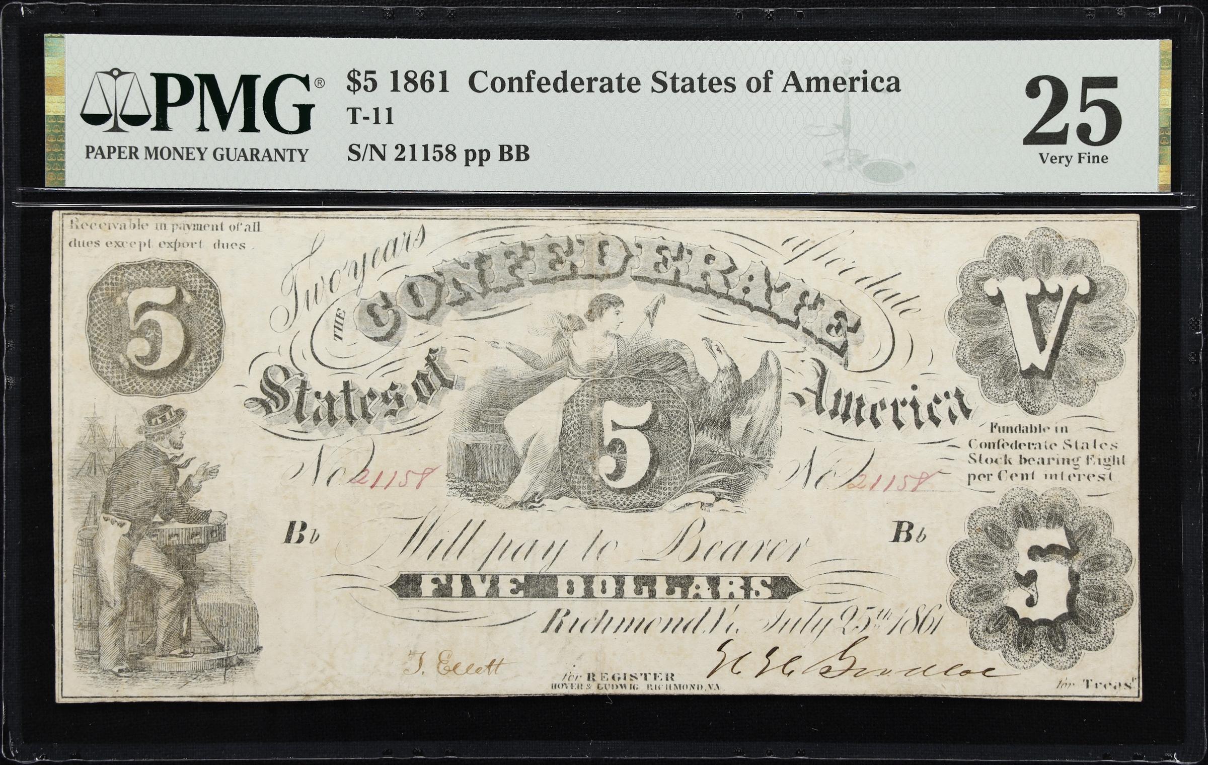 image for: T-11. Confederate Currency. 1861 $5. PMG Very Fine 25.