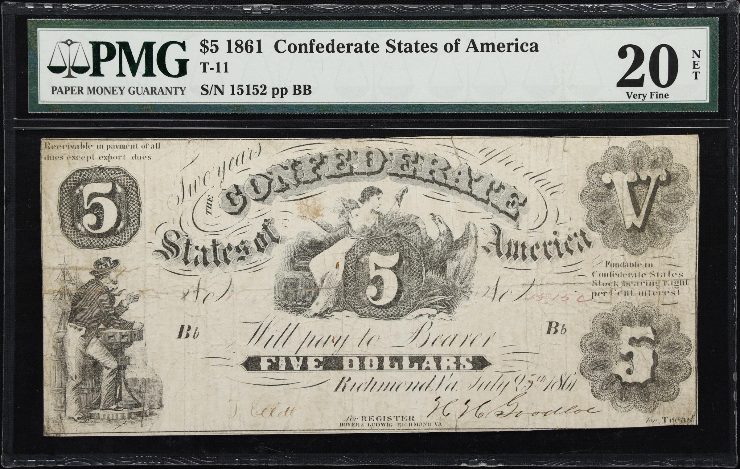 image for: T-11. Confederate Currency. 1861 $5. PMG Very Fine 20 Net. Repaired, Annotations.