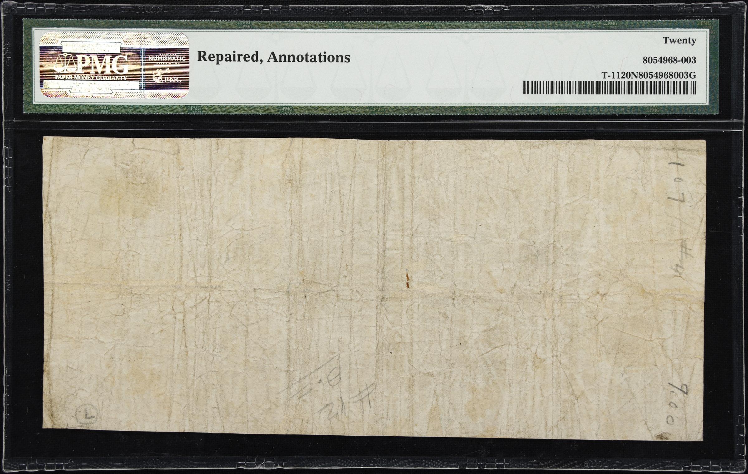 image for: T-11. Confederate Currency. 1861 $5. PMG Very Fine 20 Net. Repaired, Annotations.