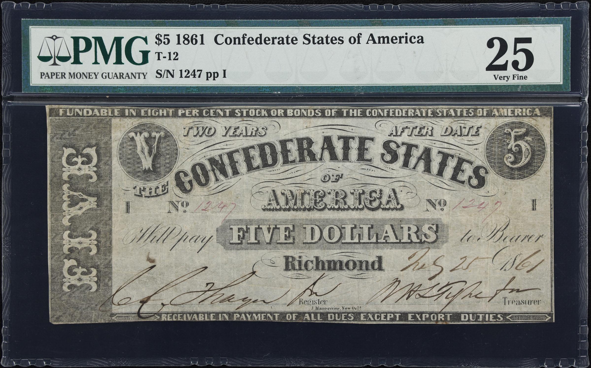 image for: T-12. Confederate Currency. 1861 $5. PMG Very Fine 25.