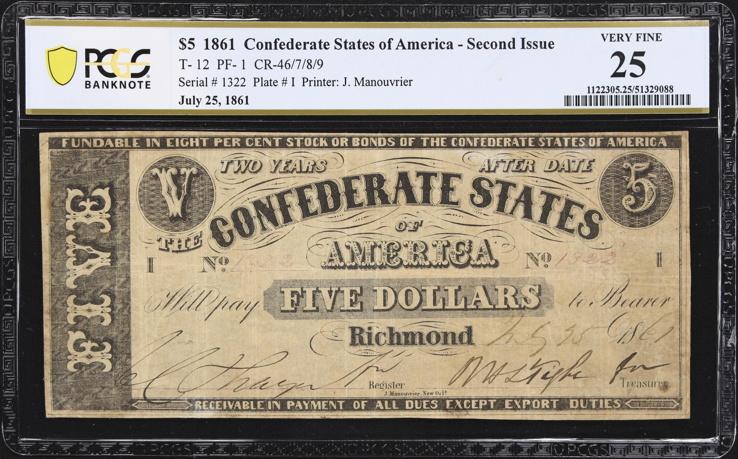 image for: T-12. Confederate Currency. 1861 $5. PCGS Banknote Very Fine 25.