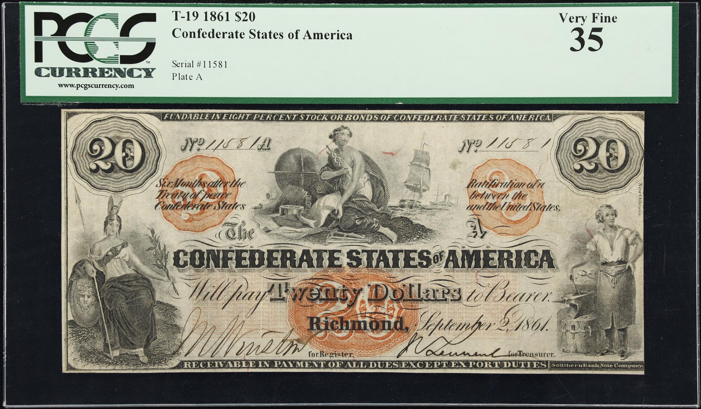image for: T-19. Confederate Currency. 1861 $20. PCGS Currency Very Fine 35.