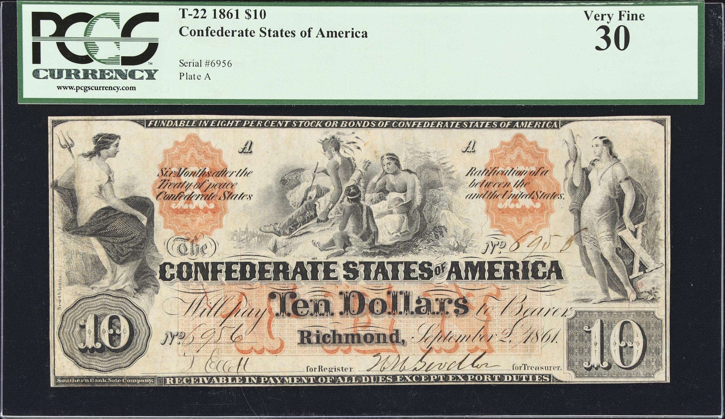 image for: T-22. Confederate Currency. 1861 $10. PCGS Currency Very Fine 30.