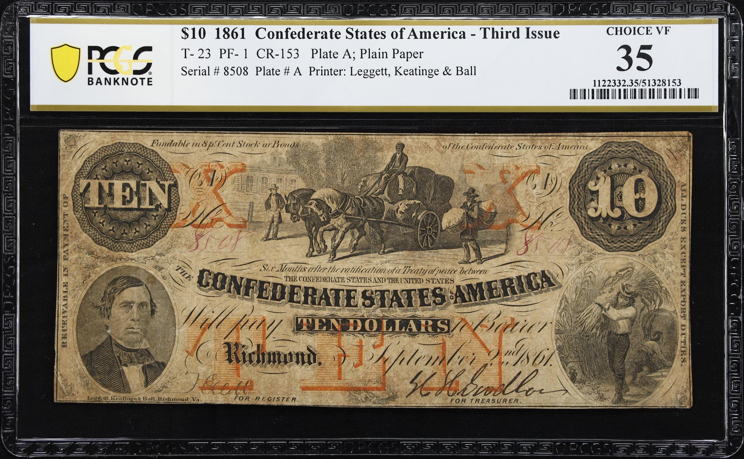 image for: T-23. Confederate Currency. 1861 $10. PCGS Banknote Choice Very Fine 35.