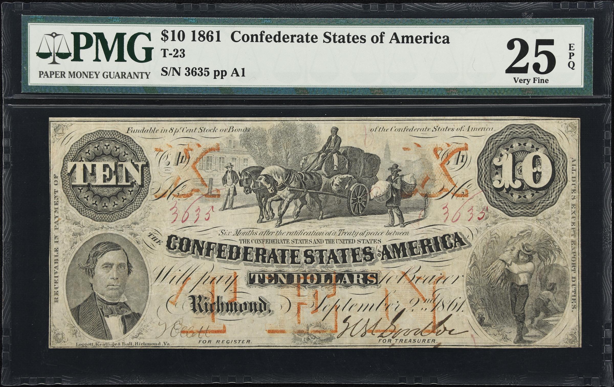 image for: T-23. Confederate Currency. 1861 $10. PMG Very Fine 25 EPQ.