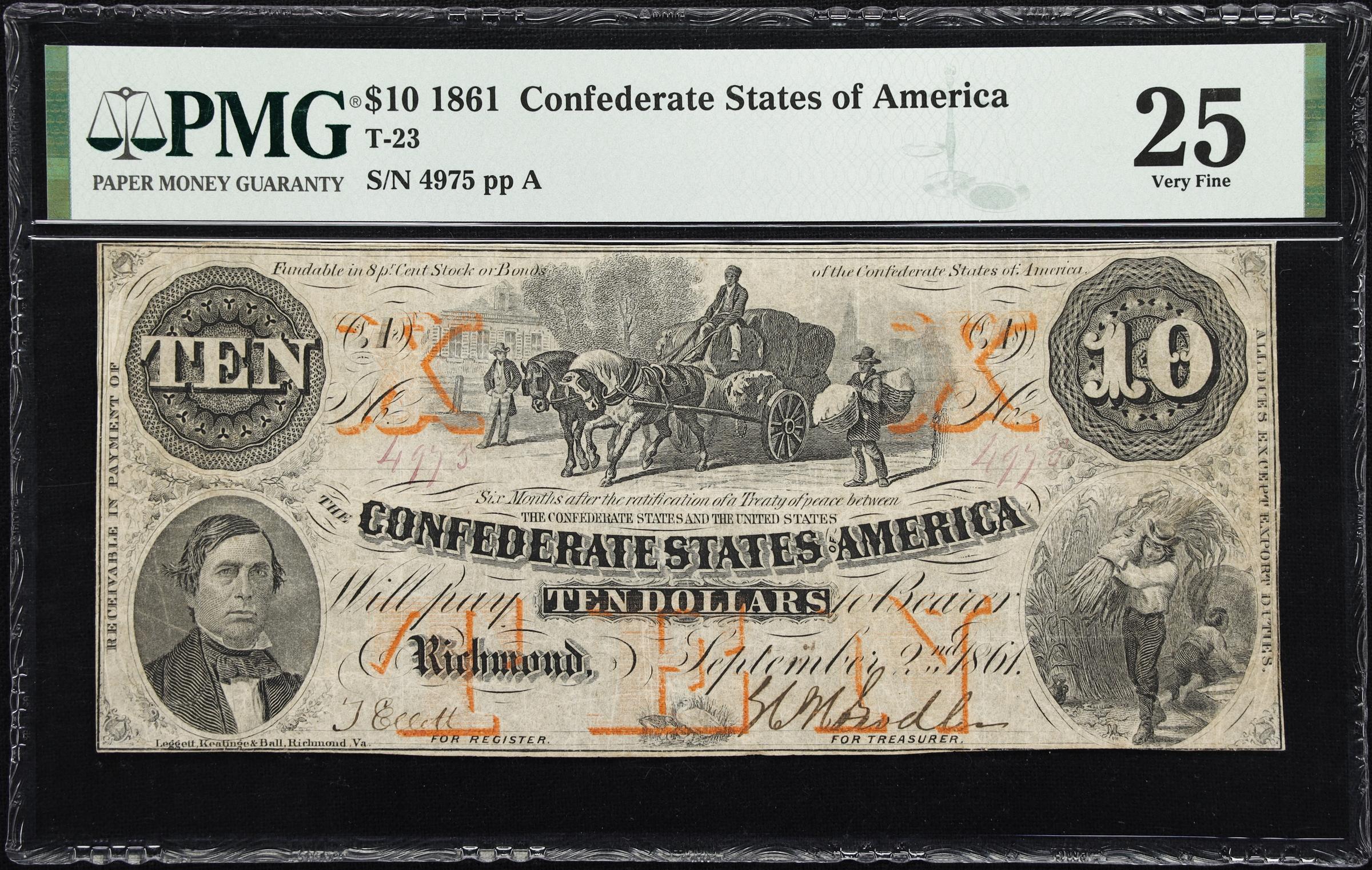image for: T-23. Confederate Currency. 1861 $10. PMG Very Fine 25.