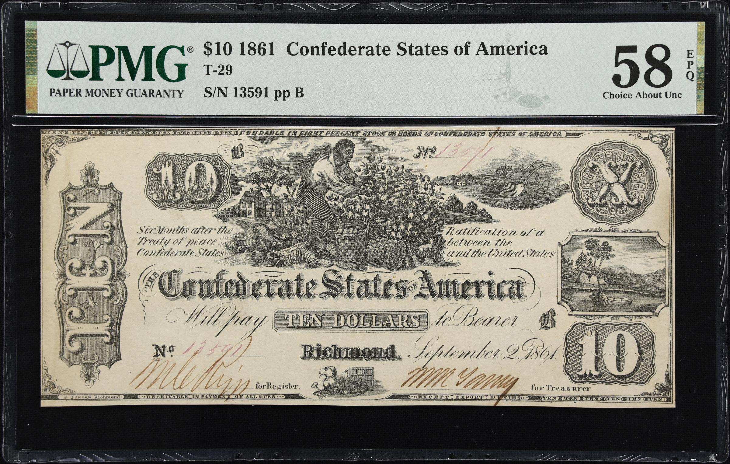 image for: T-29. Confederate Currency. 1861 $10. PMG Choice About Uncirculated 58 EPQ.