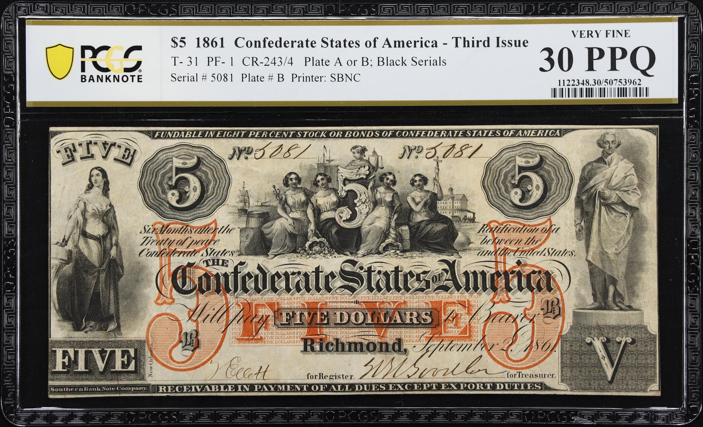 image for: T-31. Confederate Currency. 1861 $5. PCGS Banknote Very Fine 30 PPQ.