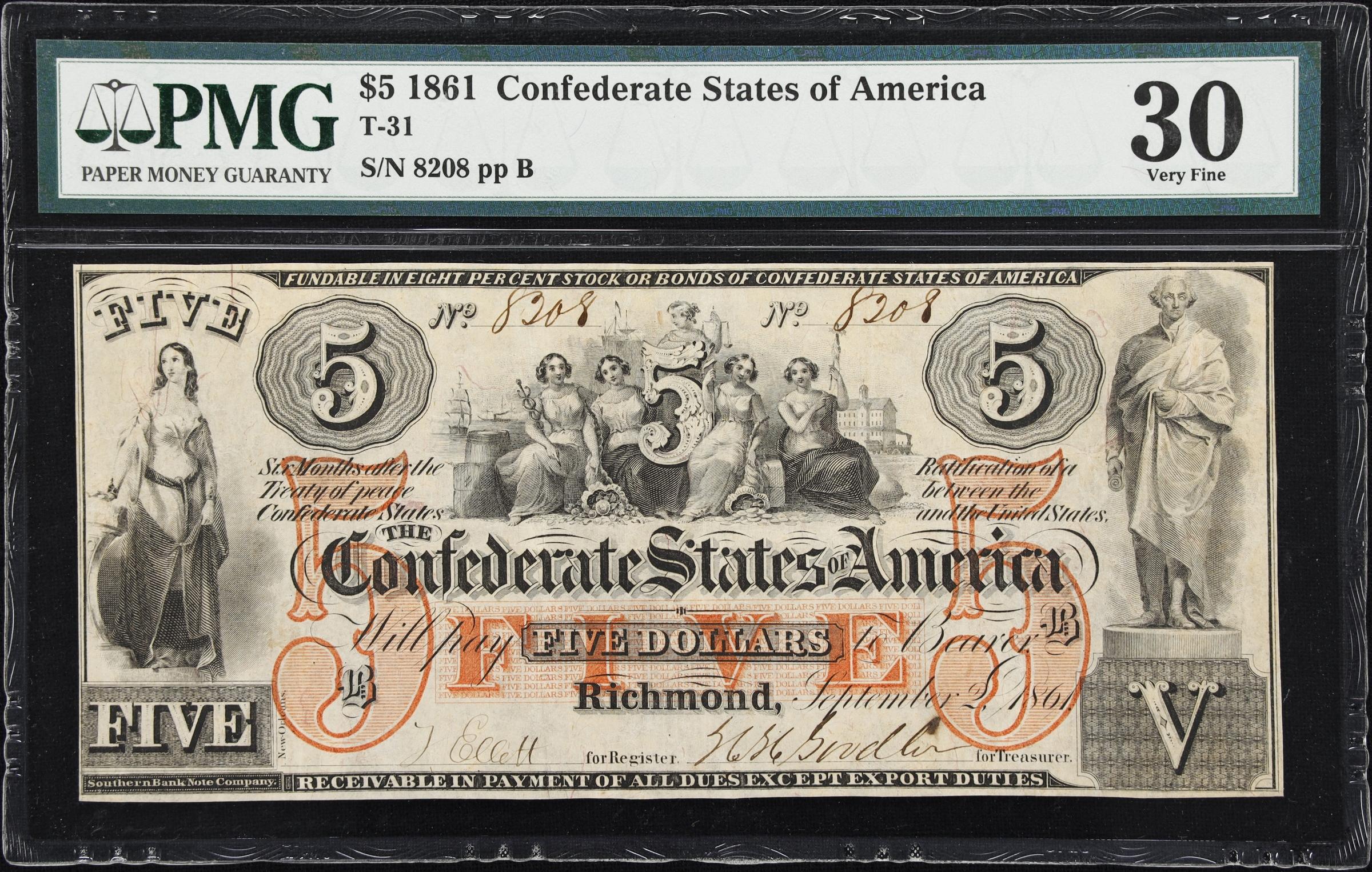 image for: T-31. Confederate Currency. 1861 $5. PMG Very Fine 30.