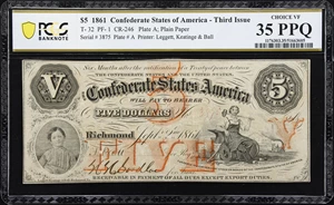 image for: T-32. Confederate Currency. 1861 $5. PCGS Banknote Choice Very Fine 35 PPQ.