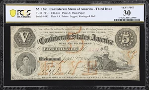 image for: T-32. Confederate Currency. 1861 $5. PCGS Banknote Very Fine 30.