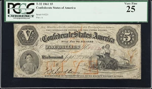image for: T-32. Confederate Currency. 1861 $5. PCGS Currency Very Fine 25.