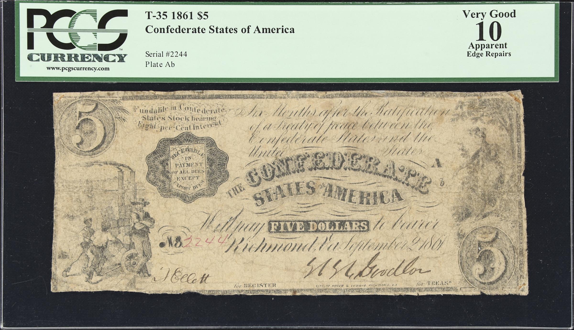 image for: T-35. Confederate Currency. 1861 $5. PCGS Currency Very Good 10 Apparent. Edge Repairs.