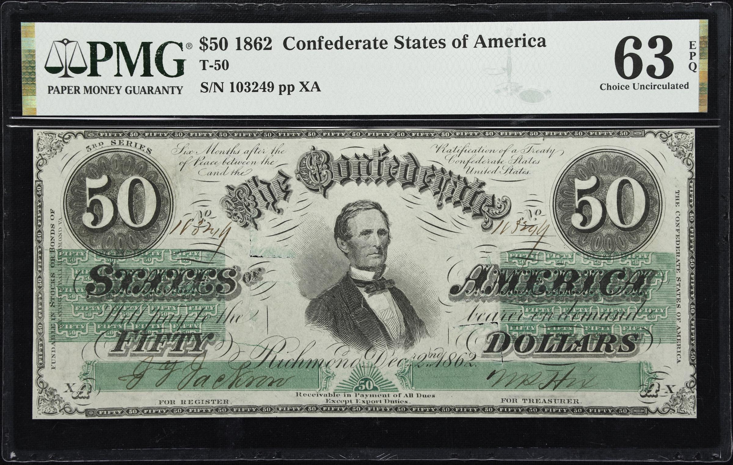 image for: T-50. Confederate Currency. 1862 $50. PMG Choice Uncirculated 63 EPQ.