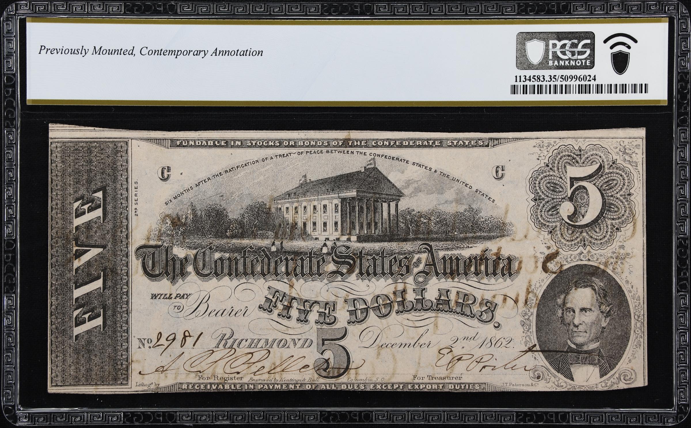 image for: T-53. Confederate Currency. 1862 $5. PCGS Banknote Choice Very Fine 35. Col. Benjamin H. Grierson Signature. PSA/DNA Certificate of Authenticity included.