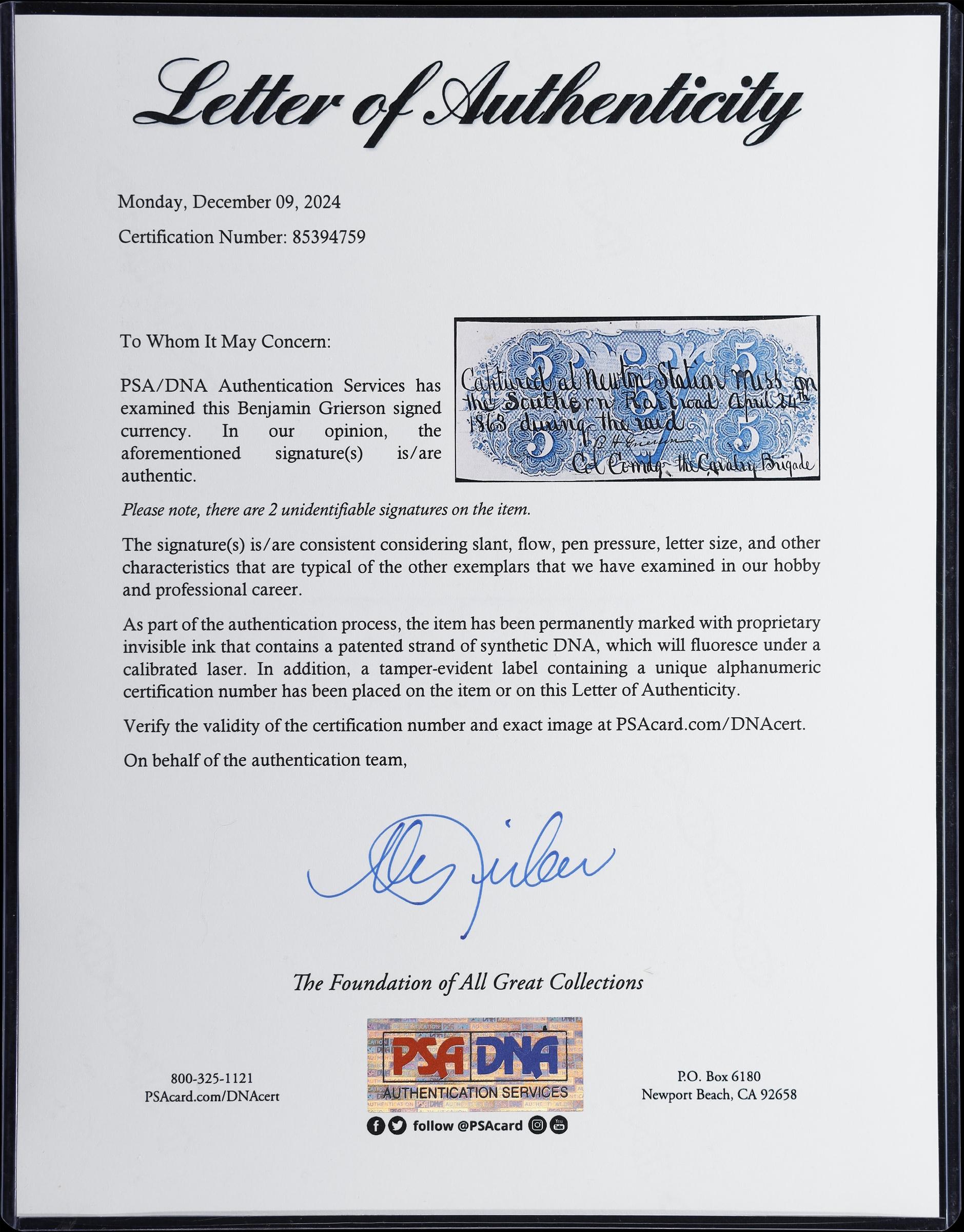 image for: T-53. Confederate Currency. 1862 $5. PCGS Banknote Choice Very Fine 35. Col. Benjamin H. Grierson Signature. PSA/DNA Certificate of Authenticity included.