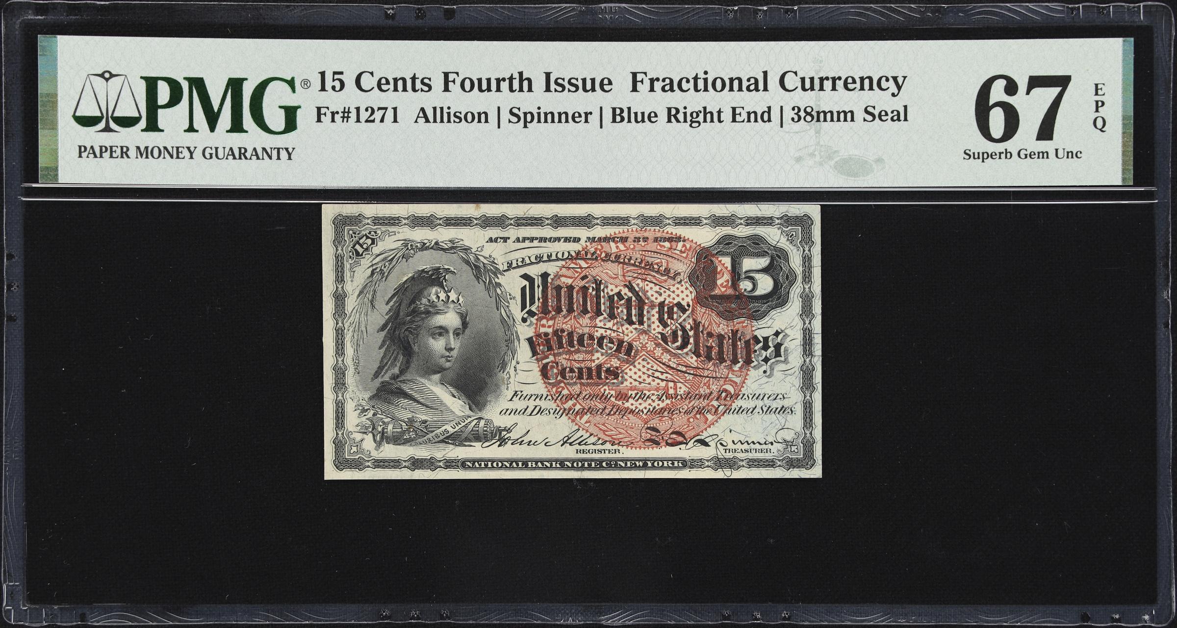 image for: Fr. 1271. 15 Cents. Fourth Issue. PMG Superb Gem Uncirculated 67 EPQ.