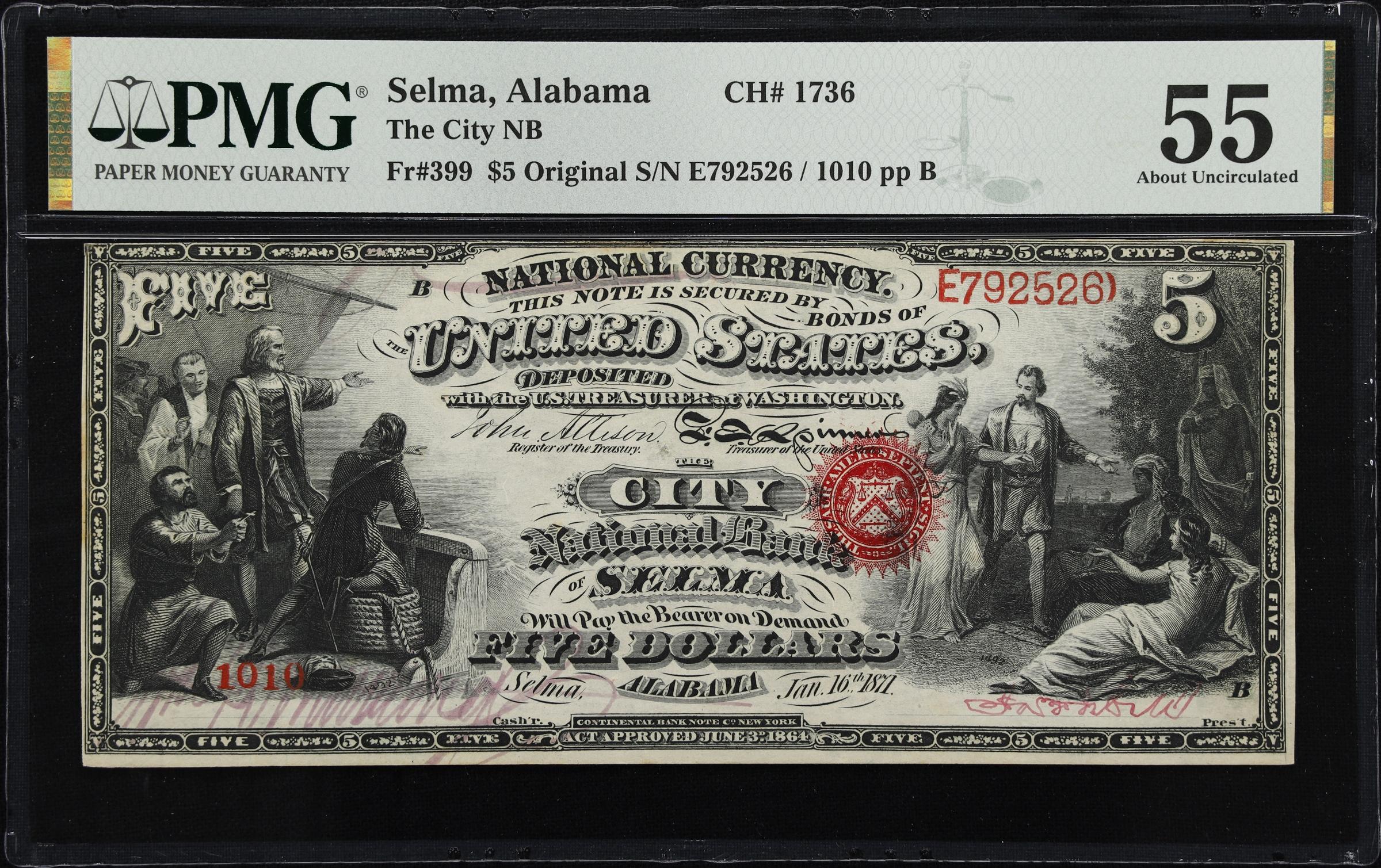 image for: Selma, Alabama. $5 Original. Fr. 399. City NB. Charter #1736. PMG About Uncirculated 55.