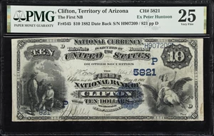 image for: Clifton, Territory of Arizona. $10 1882 Date Back. Fr. 545. First NB. Charter #5821. PMG Very Fine 25.