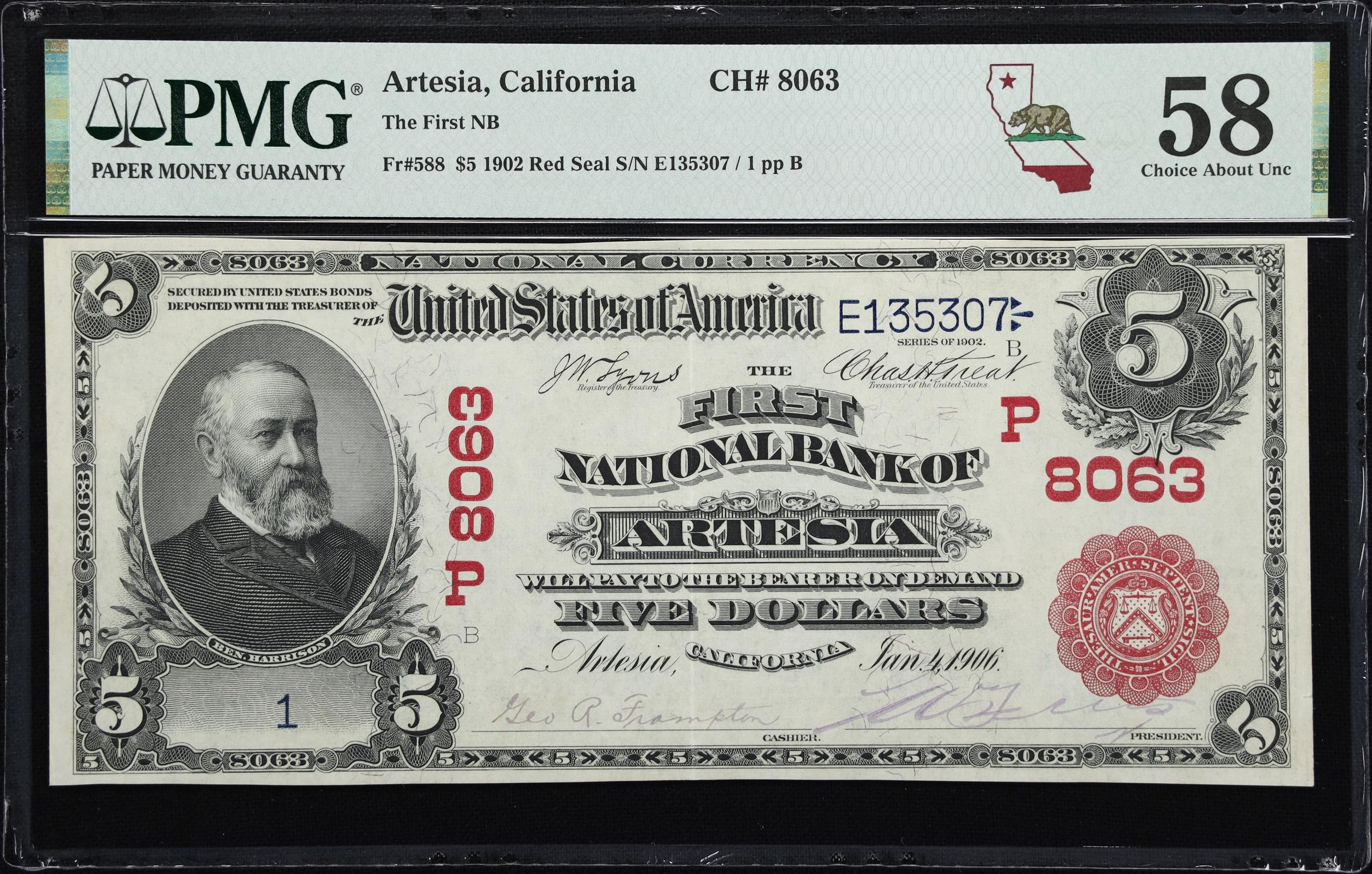image for: Artesia, California. $5 1902 Red Seal. Fr. 588. First NB. Charter #8063. PMG Choice About Uncirculated 58. Serial Number 1.