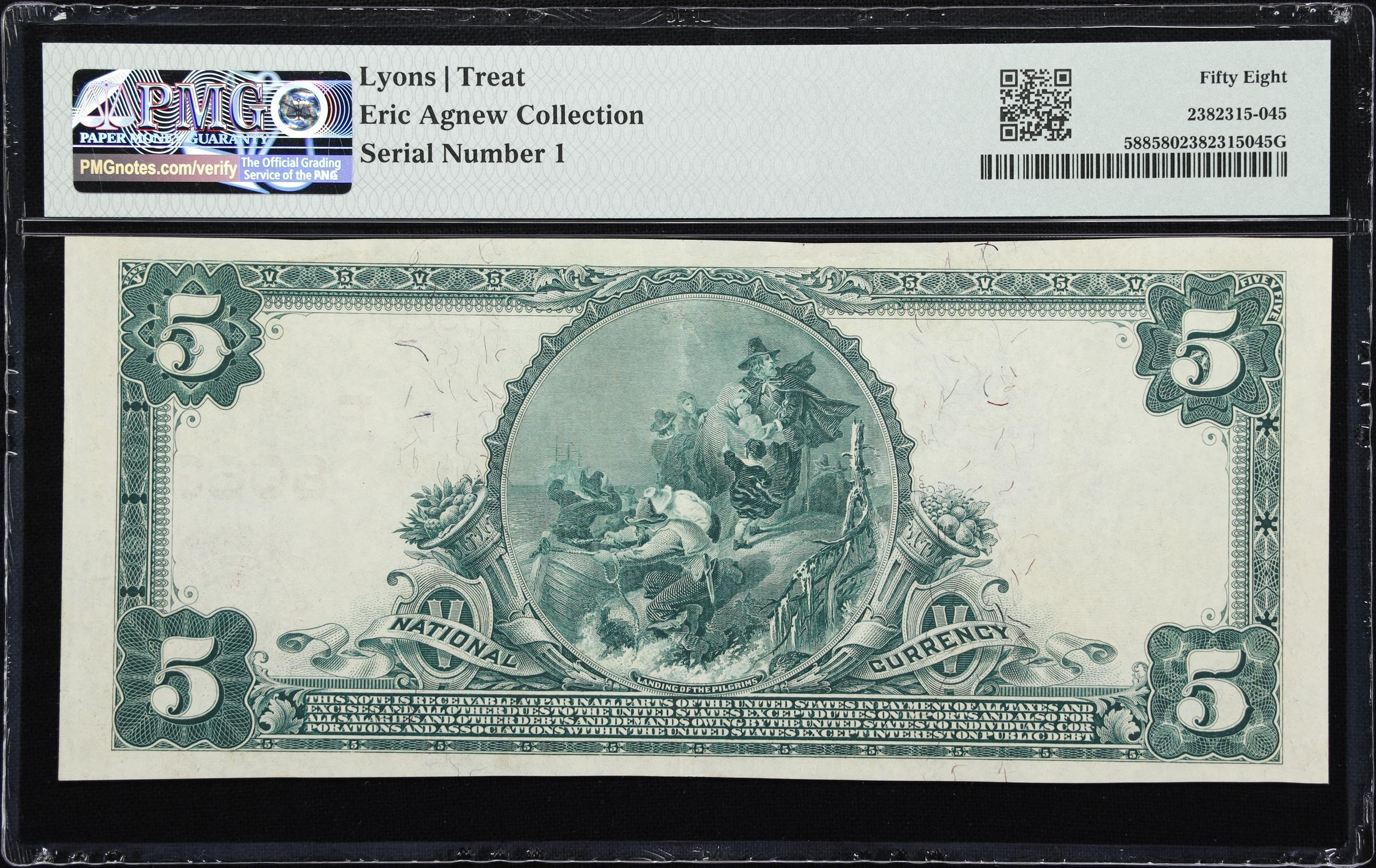 image for: Artesia, California. $5 1902 Red Seal. Fr. 588. First NB. Charter #8063. PMG Choice About Uncirculated 58. Serial Number 1.