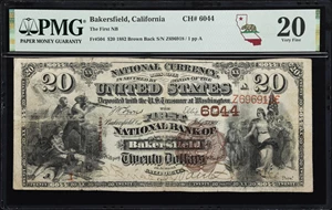 image for: Bakersfield, California. $20 1882 Brown Back. Fr. 504. First NB. Charter #6044. PMG Very Fine 20. Serial Number 1.