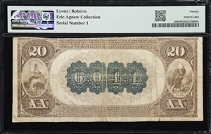 image for: Bakersfield, California. $20 1882 Brown Back. Fr. 504. First NB. Charter #6044. PMG Very Fine 20. Serial Number 1.