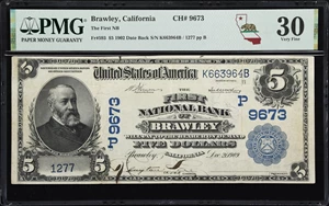 image for: Brawley, California. $5 1902 Date Back. Fr. 593. First NB. Charter #9673. PMG Very Fine 30.
