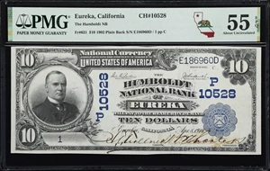 image for: Eureka, California. $10 1902 Plain Back. Fr. 631. Humboldt NB. Charter #10528. PMG About Uncirculated 55 EPQ. Serial Number 1.