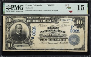 image for: Fresno, California. $10 1902 Date Back. Fr. 616. First NB. Charter #3321. PMG Choice Fine 15.