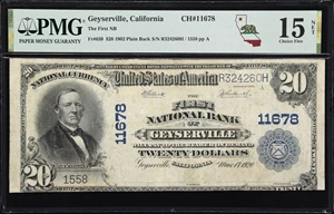 image for: Geyserville, California. $20 1902 Plain Back. Fr. 659. First NB. Charter #11678. PMG Choice Fine 15 Net. Repaired.