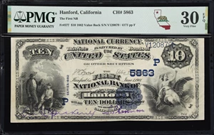 image for: Hanford, California. $10 1882 Value Back. Fr. 577. First NB. Charter #5863. PMG Very Fine 30 EPQ.