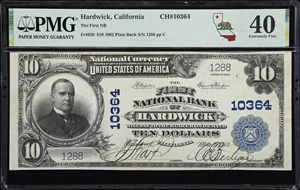 image for: Hardwick, California. $10 1902 Plain Back. Fr. 629. First NB. Charter #10364. PMG Extremely Fine 40.