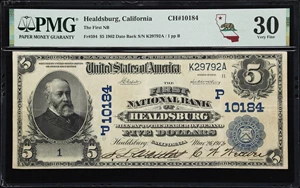 image for: Healdsburg, California. $5 1902 Date Back. Fr. 594. First NB. Charter #10184. PMG Very Fine 30. Serial Number 1.