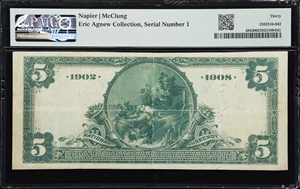image for: Healdsburg, California. $5 1902 Date Back. Fr. 594. First NB. Charter #10184. PMG Very Fine 30. Serial Number 1.