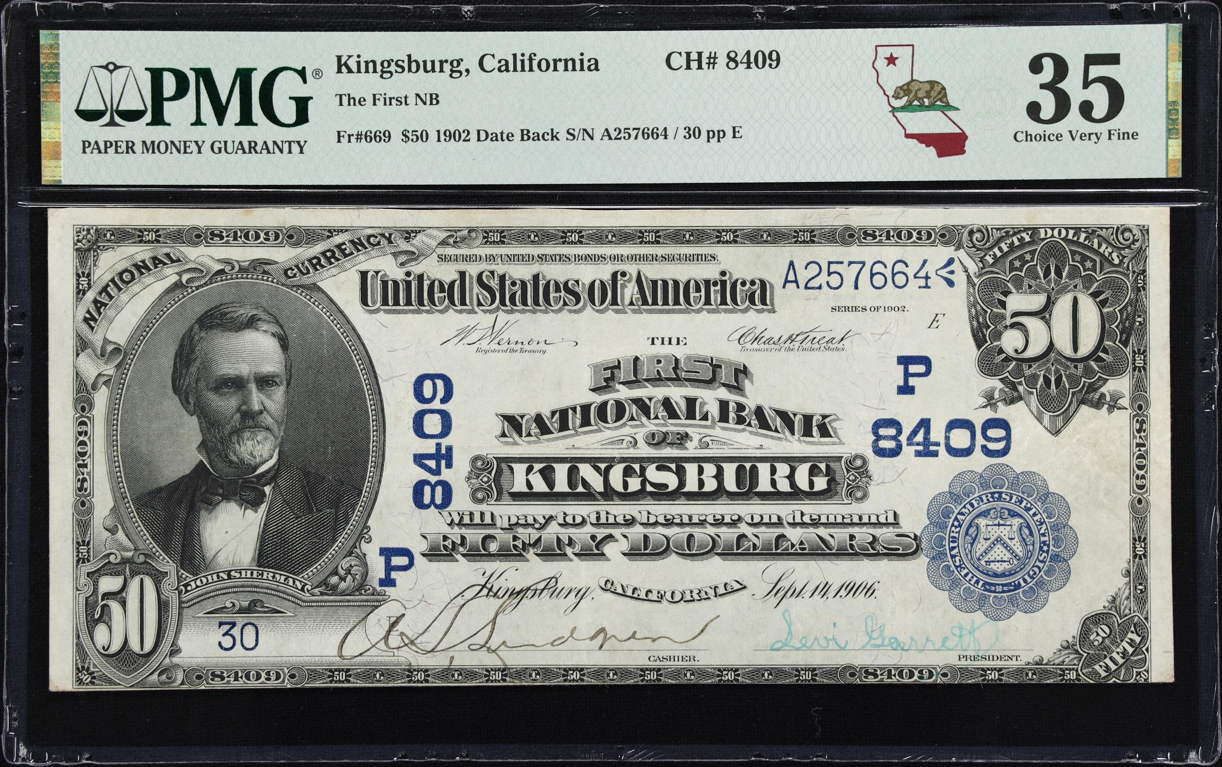 image for: Kingsburg, California. $50 1902 Date Back. Fr. 669. First NB. Charter #8409. PMG Choice Very Fine 35.
