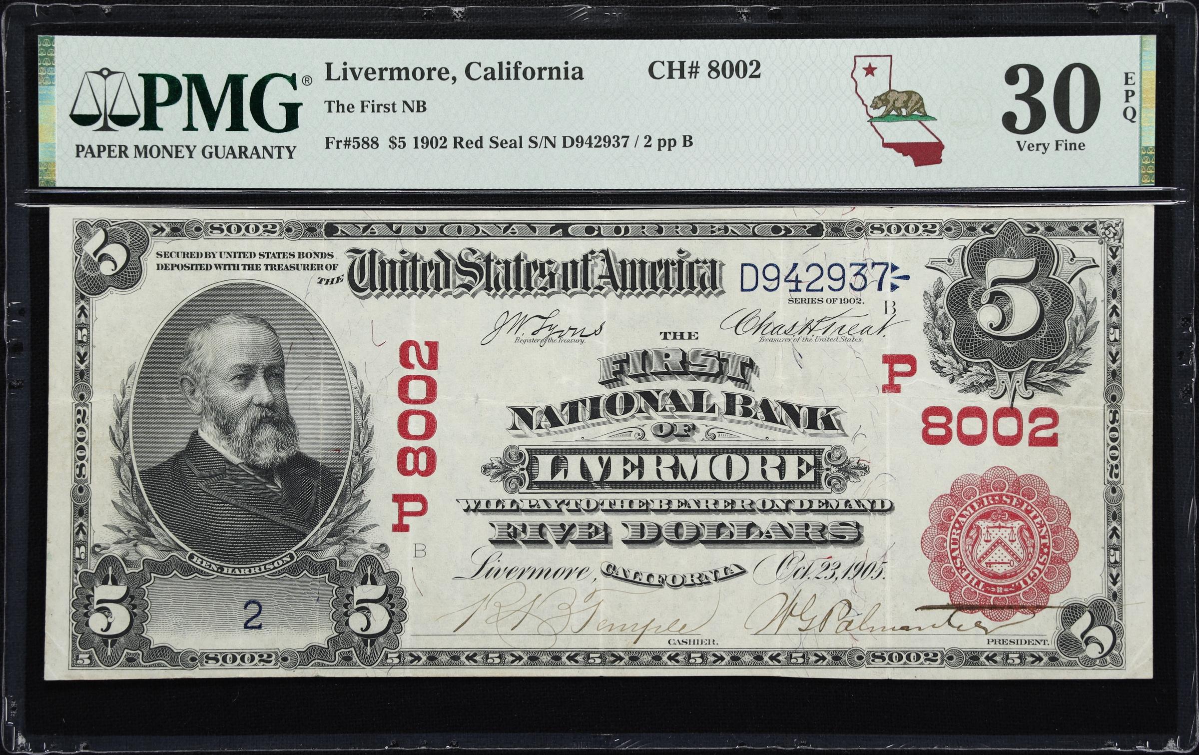 image for: Livermore, California. $5 1902 Red Seal. Fr. 588. First NB. Charter #8002. PMG Very Fine 30 EPQ. Serial Number 2.