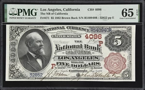 image for: Los Angeles, California. $5 1882 Brown Back. Fr. 471. NB of California. Charter #4096. PMG Gem Uncirculated 65 EPQ.