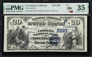 image for: Los Angeles, California. $20 1882 Value Back. Fr. 581. Citizens NB. Charter #5927. PMG Choice Very Fine 35.