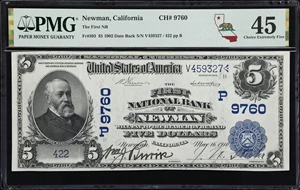image for: Newman, California. $5 1902 Date Back. Fr. 593. First NB. Charter #9760. PMG Choice Extremely Fine 45.