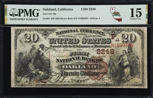 image for: Oakland, California. $20 1882 Brown Back. Fr. 501. First NB. Charter #2248. PMG Choice Fine 15.