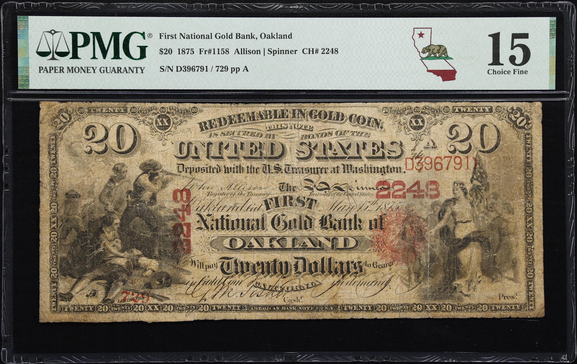 image for: Oakland, California. $20 1875. Fr. 1158. First National Gold Bank. Charter #2248. PMG Choice Fine 15.