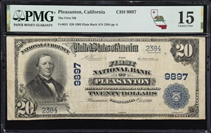 image for: Pleasanton, California. $20 1902 Plain Back. Fr. 653. First NB. Charter #9897. PMG Choice Fine 15.
