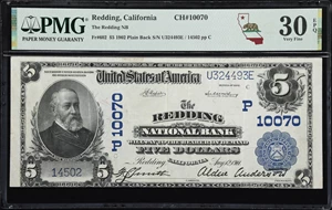 image for: Redding, California. $5 1902 Plain Back. Fr. 602. Redding NB. Charter #10070. PMG Very Fine 30 EPQ.