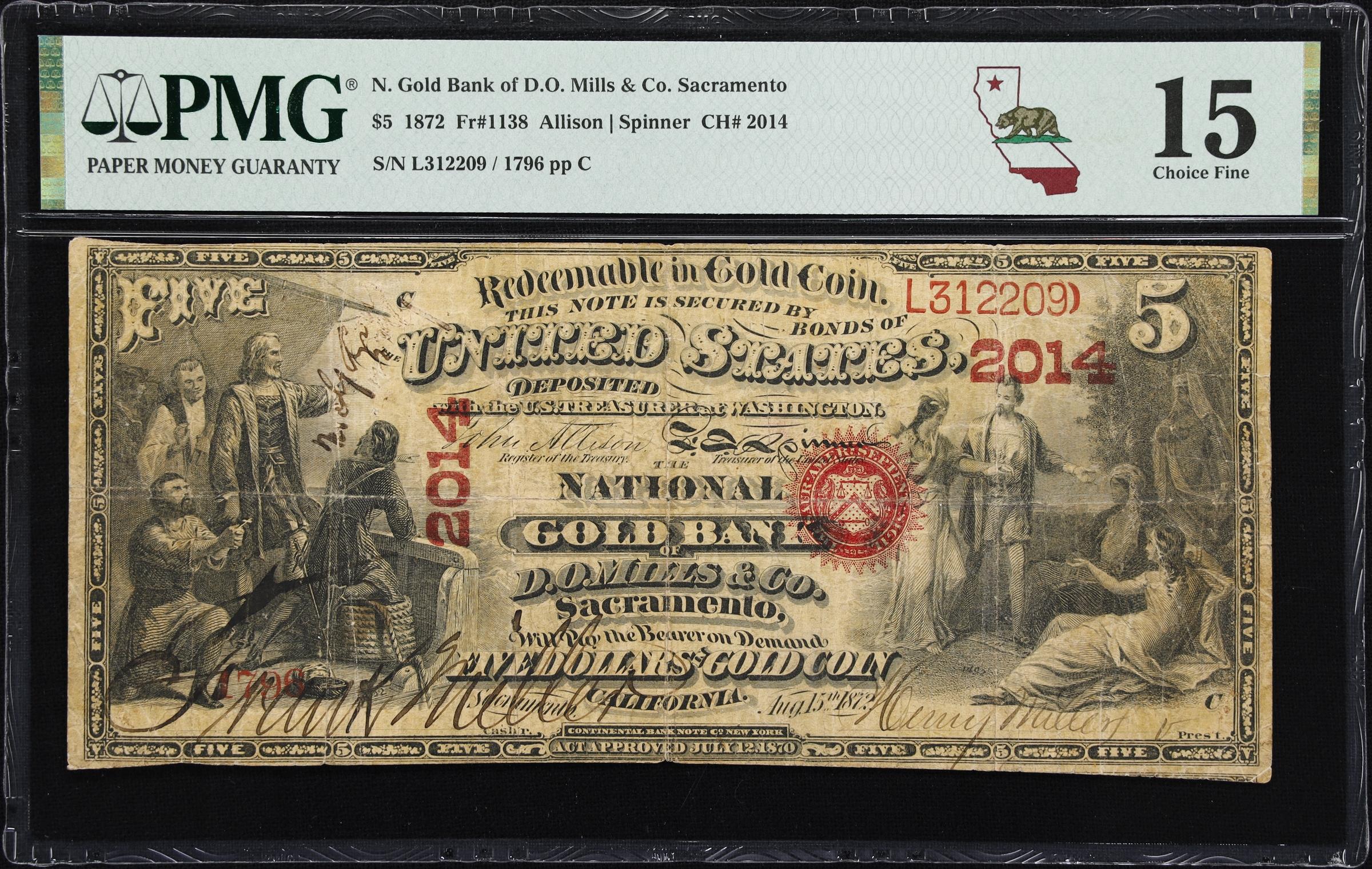 image for: Sacramento, California. $5 1872. Fr. 1138. National Gold Bank of D.O. Mills & Co. Charter #2014. PMG Choice Fine 15.