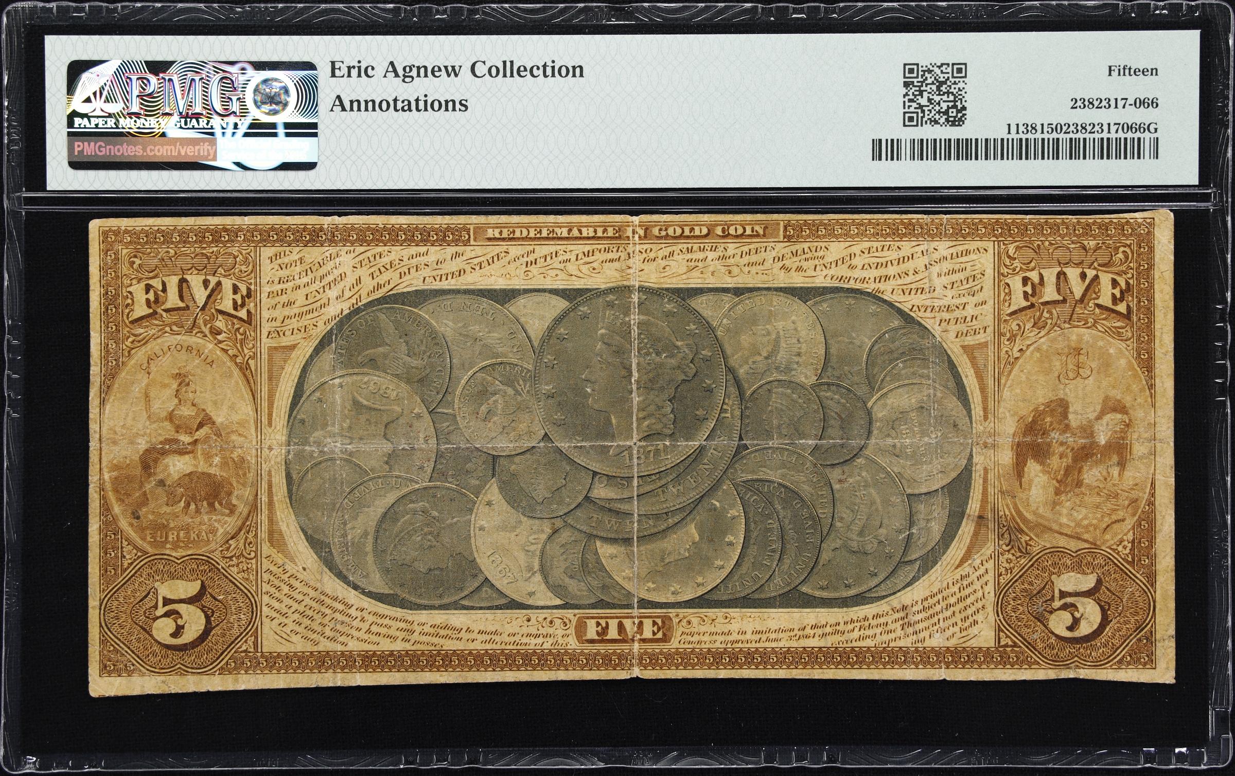 image for: Sacramento, California. $5 1872. Fr. 1138. National Gold Bank of D.O. Mills & Co. Charter #2014. PMG Choice Fine 15.