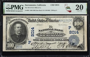 image for: Sacramento, California. $100 1902 Date Back. Fr. 693. National Bank of D.O. Mills & Company. Charter #2014. PMG Very Fine 20.