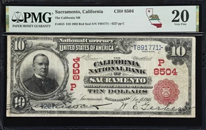 image for: Sacramento, California. $10 1902 Red Seal. Fr. 615. California NB. Charter #8504. PMG Very Fine 20.