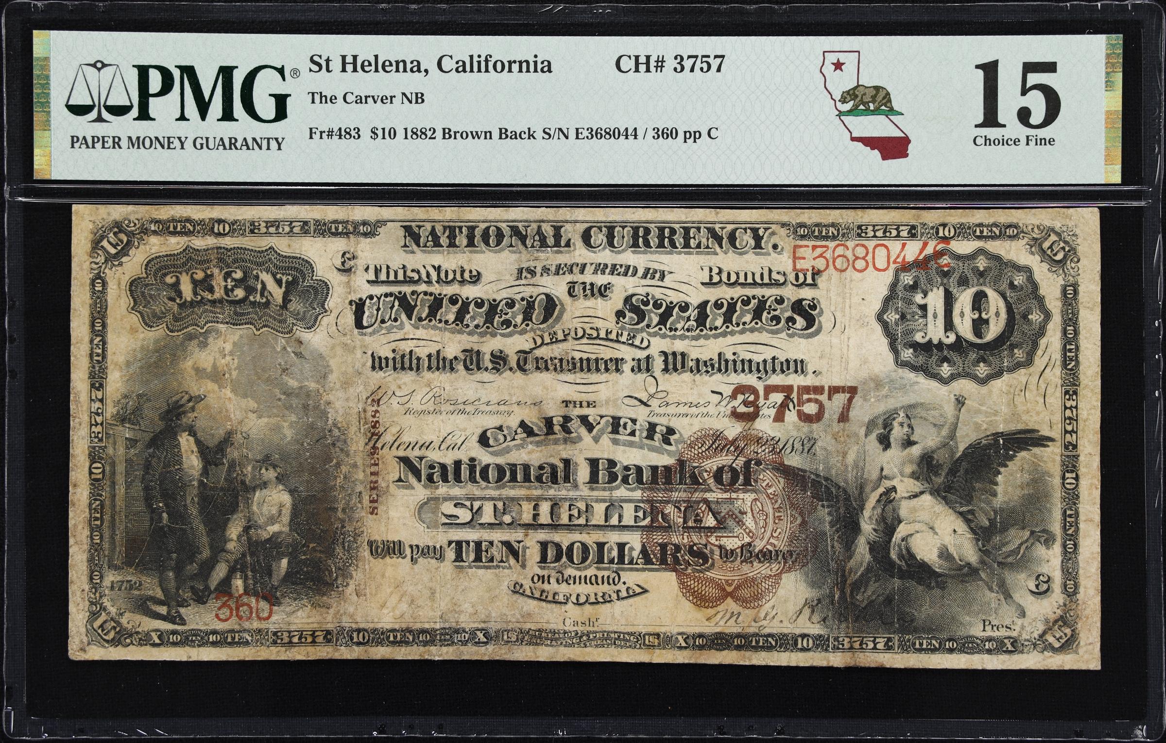 image for: St. Helena, California. $10 1882 Brown Back. Fr. 483. Carver NB. Charter #3757. PMG Choice Fine 15.