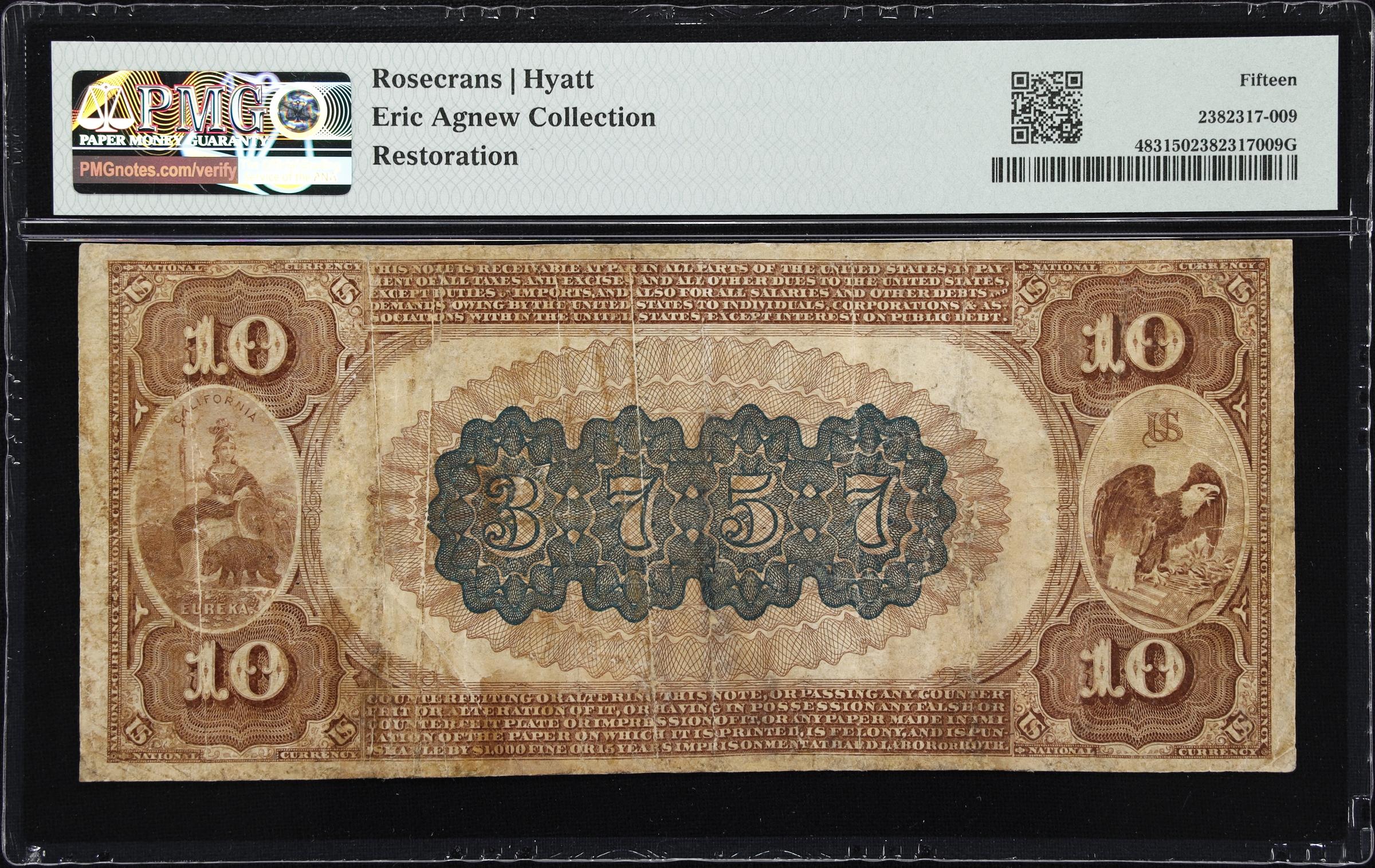 image for: St. Helena, California. $10 1882 Brown Back. Fr. 483. Carver NB. Charter #3757. PMG Choice Fine 15.